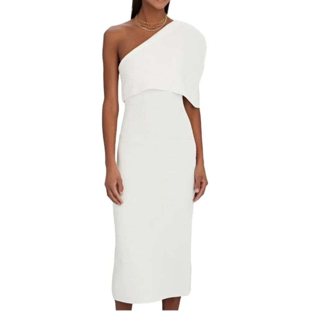 The Sei One Shoulder Cape Midi Pique Knit Sweater Dress Womens Size Medium $399 - Picture 2 of 15